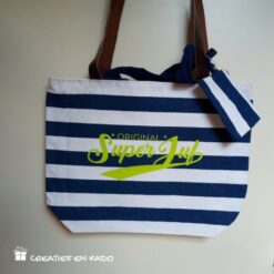 strandtas blauw gestreept Superjuf groen