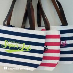 strandtas blauw gestreept, strandtas roze gestreept, tas superjuf