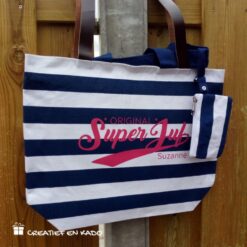 strandtas blauw gestreept, superjuf roze
