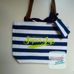 strandtas blauw gestreept Superjuf groen