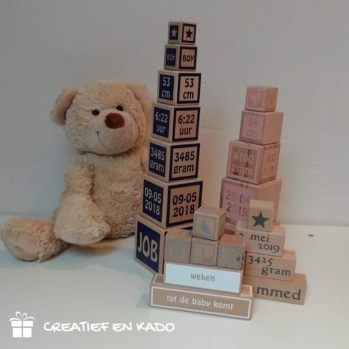 houten blokken geboorte toren XL, houten kraamcadeau, kraamcadeau met naam