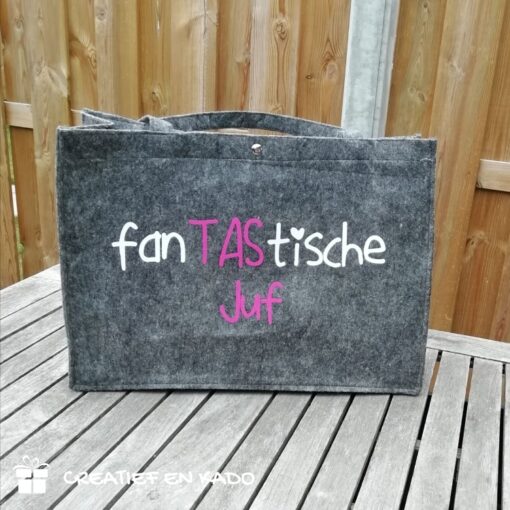 vilten tas fantastische juf, cadeau juf, juf bedankt, shopper juf, tas antraciet