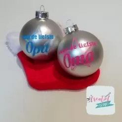 kerstbal liefste oma, kerstbal liefste opa, kerstbal zilver bedrukt