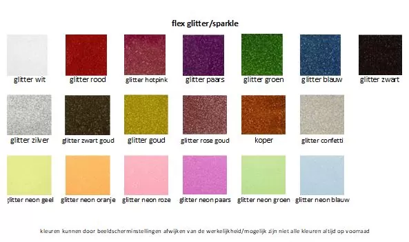kleurenkaart flex glitter, kleurenkaart textielfolie glitter