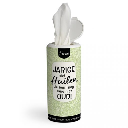 tissue dispenser jarige, jarige niet huilen je bent nog lang niet oud, kado verjaardag