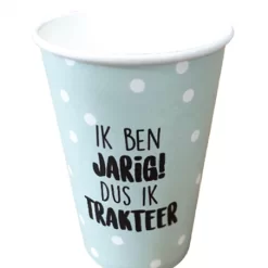 kartonnen beker ik ben jarig dus ik trakteer, traktatie beker, beker traktatie, verjaardag beker