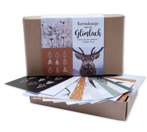doosje minikaartjes glimlach kerst, kerstminikaartjes, kerstdoosje met mini kaartjes