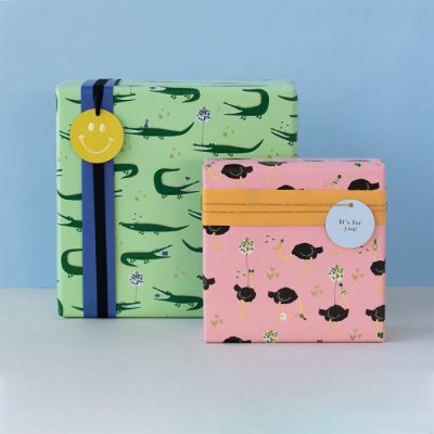 kadopapier ostrich, kadopapier struisvogels, kadopapier crocodile, inpakpapier krokodil, inpakpapier kind, inpakken, inpakinspiratie