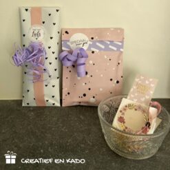 inpakpapier random dots, inpakpapier hartjes, kadopapier, inpakken, kadolint, kadosticker
