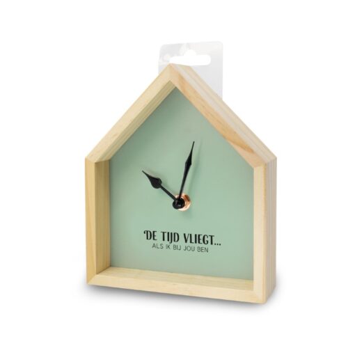 huisklokje de tijd vliegt, klok kado, wandklok, klok huisje