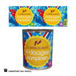 bliklabel 4-daagse kampioen, snoepblik wandelvierdaagse,