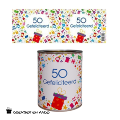 bliklabel 50 gefeliciteerd, snoepblik 50 jaar, snoepblik Abraham, snoepblik Sarah, kado verjaardag