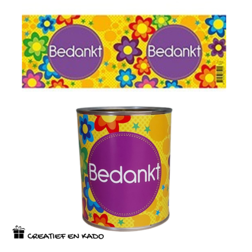 bliklabel bedankt, snoepblik bedankt, bedankje, afscheid
