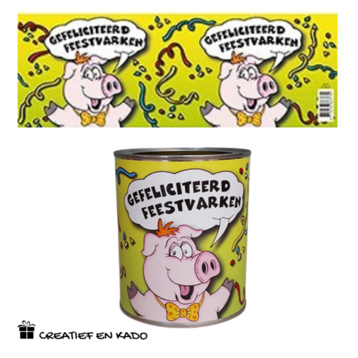bliklabel feestvarken gefeliciteerd, snoepblik