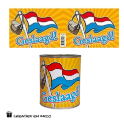 bliklabel geslaagd vlag, snoepblik geslaagd, examen kado