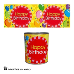 bliklabel happy birtday, snoepblik verjaardag, kado verjaardag