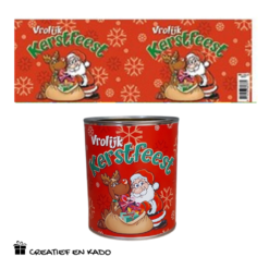 bliklabel vrolijk kerstfeest, kerstpakket, kerstkadootje, snoepblik kerst