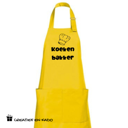 keukenschort koekenbakker, keukenschort bedrukken, schort geel