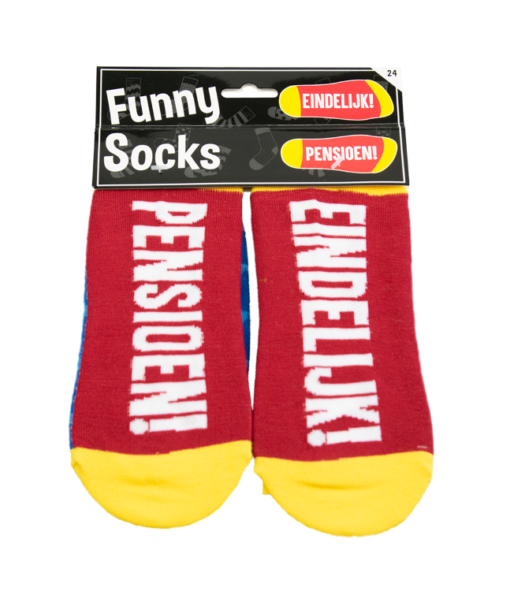 funny socks eindelijk pensioen, sokken pensioen, kado stoppen met werken, pensioen leeftijd