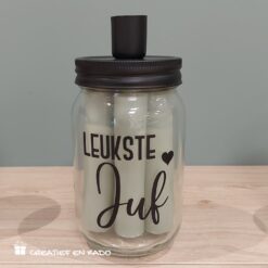 kaarsenpot juf, kado leukste juf, kado liefste juf, verjaardag juf, kado leerkracht, pot met dinerkaarsen groen