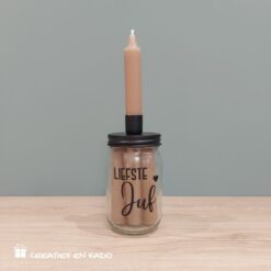 kaarsenpot juf, kado leukste juf, kado liefste juf, verjaardag juf, kado leerkracht, pot met dinerkaarsen
