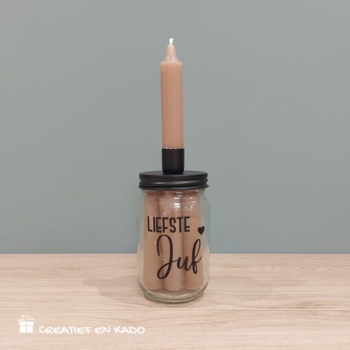 kaarsenpot juf, kado leukste juf, kado liefste juf, verjaardag juf, kado leerkracht, pot met dinerkaarsen