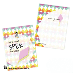 gelukskaartje het was spektaculair, gelukskaartje SPEKtaculair, bedankt kaartje spekjes, gelukspoppetjes