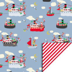 sint inpakpapier stoomboot, inpakpapier pakjesboot blue, dubbelzijdig stripes red, inpakken Sint