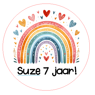 traktatie sticker regenboog met hartjes, naam en leeftijd, regenboog traktatie stickers, kleurrijk trakteren