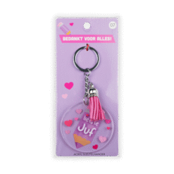 acryl sleutelhanger juf verpakking