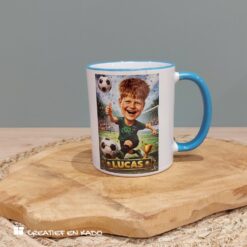 foto mok karikatuur, mok met eigen karikatuur, mok met eigen foto, foto kado, mok Lucas voetbal