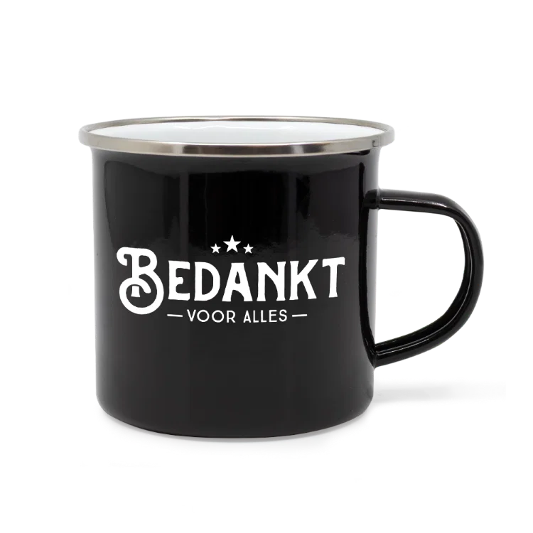 emaille mok bedankt, bedankt voor alles, lekker stoer