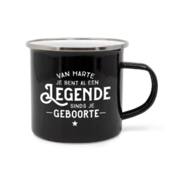 emaille mok gefeliciteerd, emaille mok legende, lekker stoer