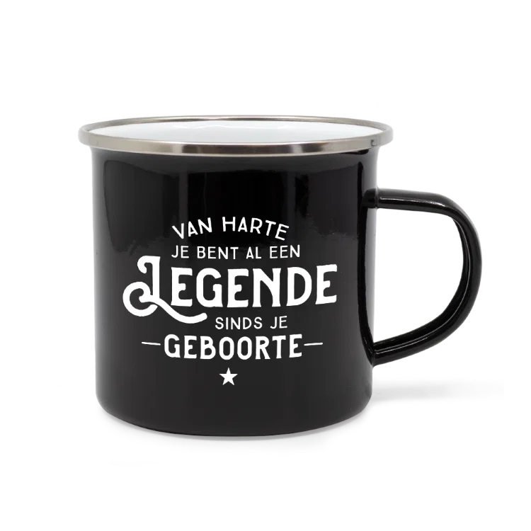 emaille mok gefeliciteerd, emaille mok legende, lekker stoer