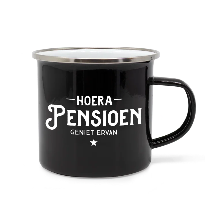 emaille mok pensioen, hoera pensioen geniet ervan, lekker stoer