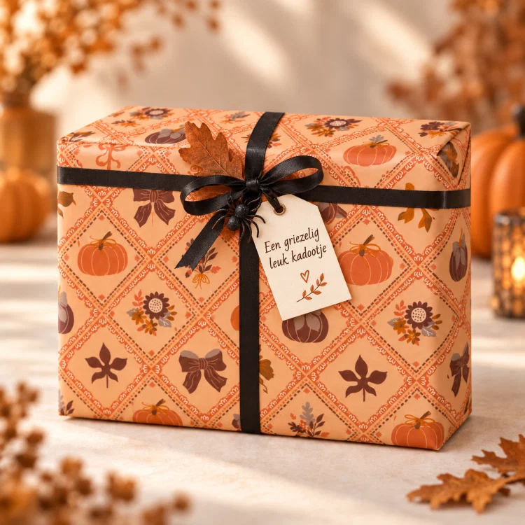 inpakpapier luxury pumpkins, inpakken halloween, een griezelig leuk kadootje, inpakinspiratie, sfeerbeeld