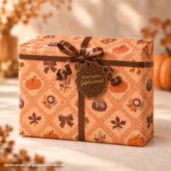 inpakpapier luxury pumpkins, kadolabel van harte gefeliciteerd, inpakinspiratie, inpakken, sfeerbeeld, printje van de week