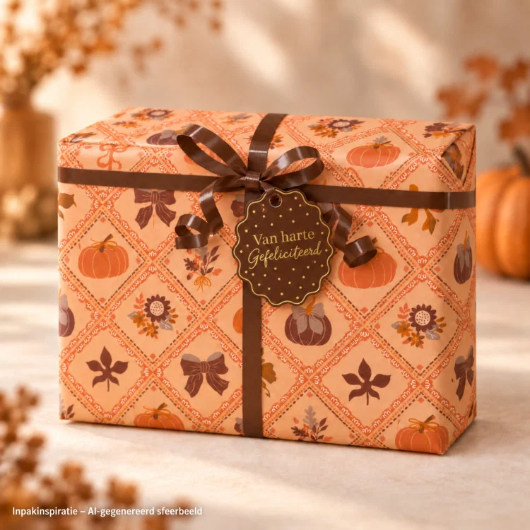 inpakpapier luxury pumpkins, kadolabel van harte gefeliciteerd, inpakinspiratie, inpakken, sfeerbeeld, printje van de week