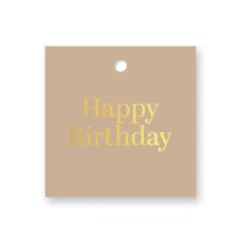 kadolabel happy birthday, bruin-goud vierkant