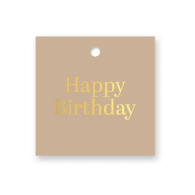 kadolabel happy birthday, bruin-goud vierkant
