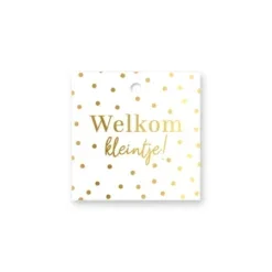 kadolabel welkom kleintje, wit stippen, inpakken