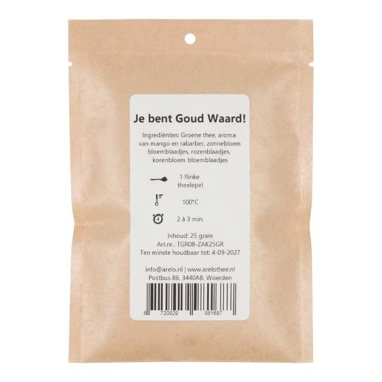 zakje thee jij bent goud waard, 25 gram, achterzijde
