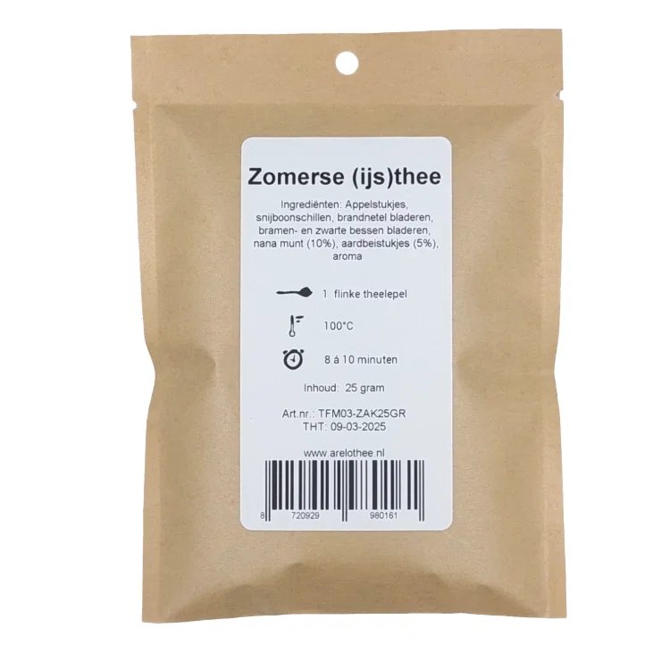 zakje zomerse ijs thee, achterzijde, 25 gram