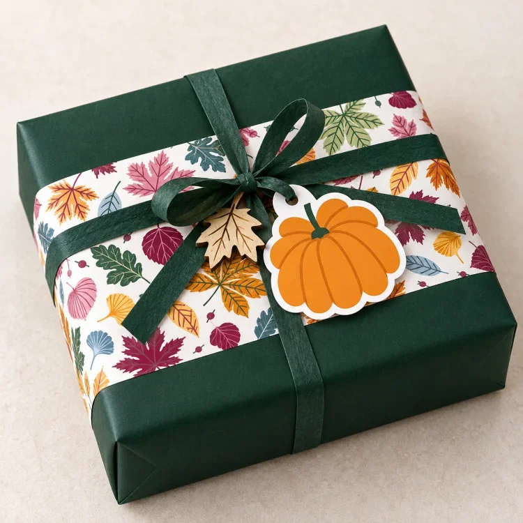 inpakpapier autumn leaves als bladerenband om een kado met donkergroen kadolint en kadolabel pumpkins, inpakinspiratie herfst