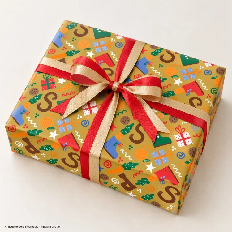 Sinterklaas cadeau ingepakt in inpakpapier schoencadeautje met strik van rood en goud satijnlint