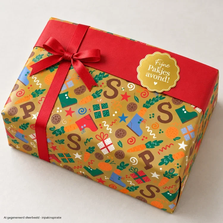 Sinterklaas cadeau ingepakt in inpakpapier schoencadeautje met rode band, rood satijnlint en kadosticker fijne pakjesavond