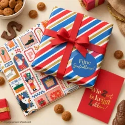 inpakpapier sinterklaas pret, inpakken sinterklaas, kadokaart wie zoet is krijgt lekkers, inpakinspiratie,