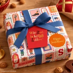 inpakpapier sinterklaas pret, inpakken sinterklaas, kado kaartje wie zoet is krijgt lekkers, inpakinspiratie,