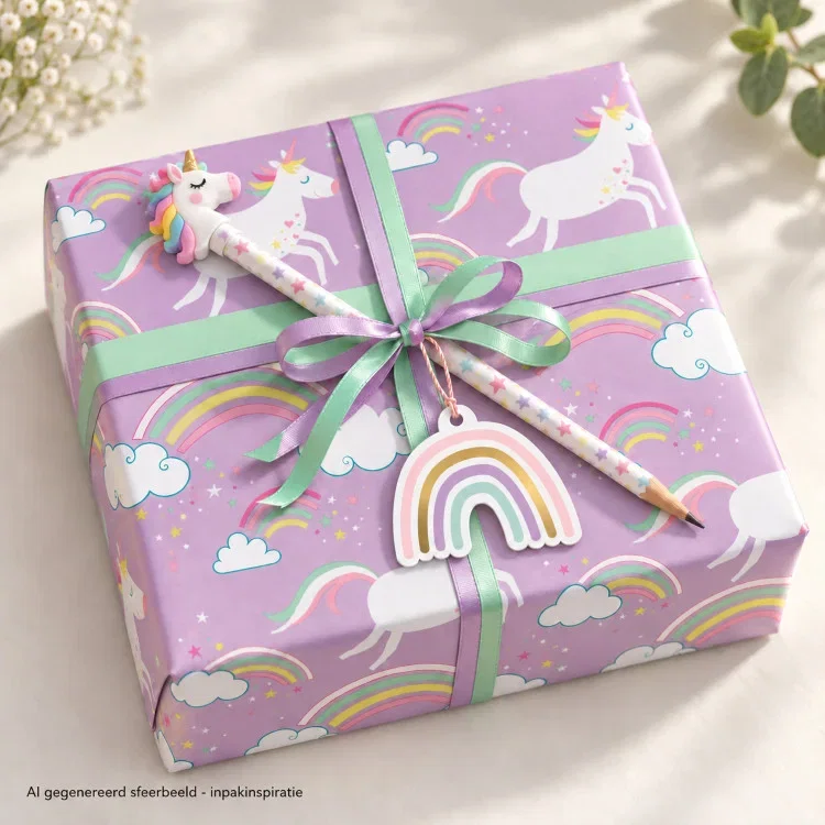 Kadootje in inpakpapier unicorns met lila en mint lint, eenhoorn potlood en kadolabel regenboog