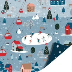 Dubbelzijdig inpakpapier winter wonderland blauw, voorzijde met een winters dorpje met schaatsers en gondels